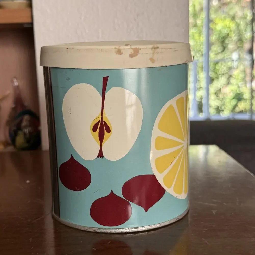 Vintage Metal Yellow Kitchen Canister With Plastic Lid Mid Century Fruit